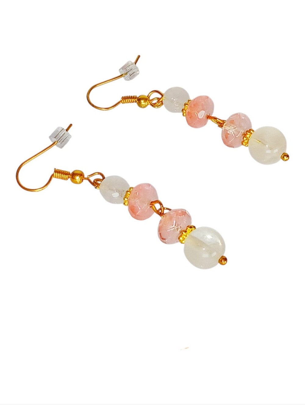 Gold White Agate & Cherry Volcano Quartz Dangle Drop Earrings Earth Art Preppy